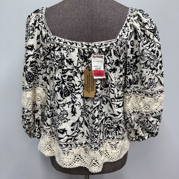 Christian Siriano Boho Peasant Top Size XL Linen Blend Black Floral Crochet Lace - Picture 7 of 12